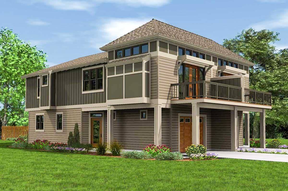 Modern house plan exterior with two stories, a prominent balcony, gabled roof, and diverse window arrangements.