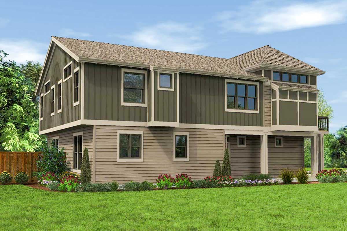 House plan exterior, two-story dwelling with gables, board-and-batten siding, and multiple windows.