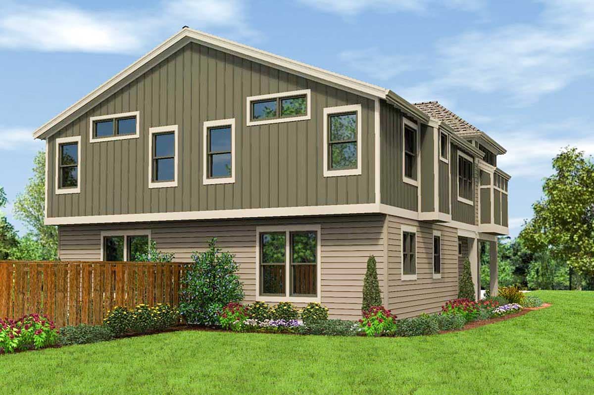 Modern house plan exterior with vertical siding, multiple gables, and varied window placements.