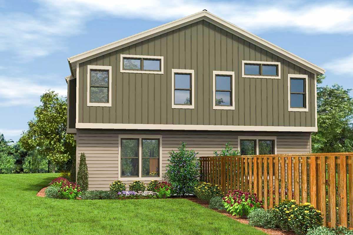 House plan exterior featuring two stories with vertical siding, horizontal siding, and varied window styles.