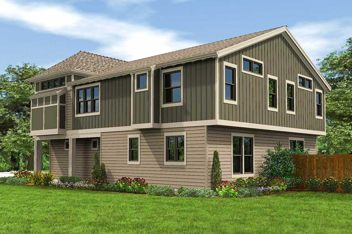 Modern house plan exterior, two stories, featuring board and batten siding, multi-pane windows, and a prominent gable.