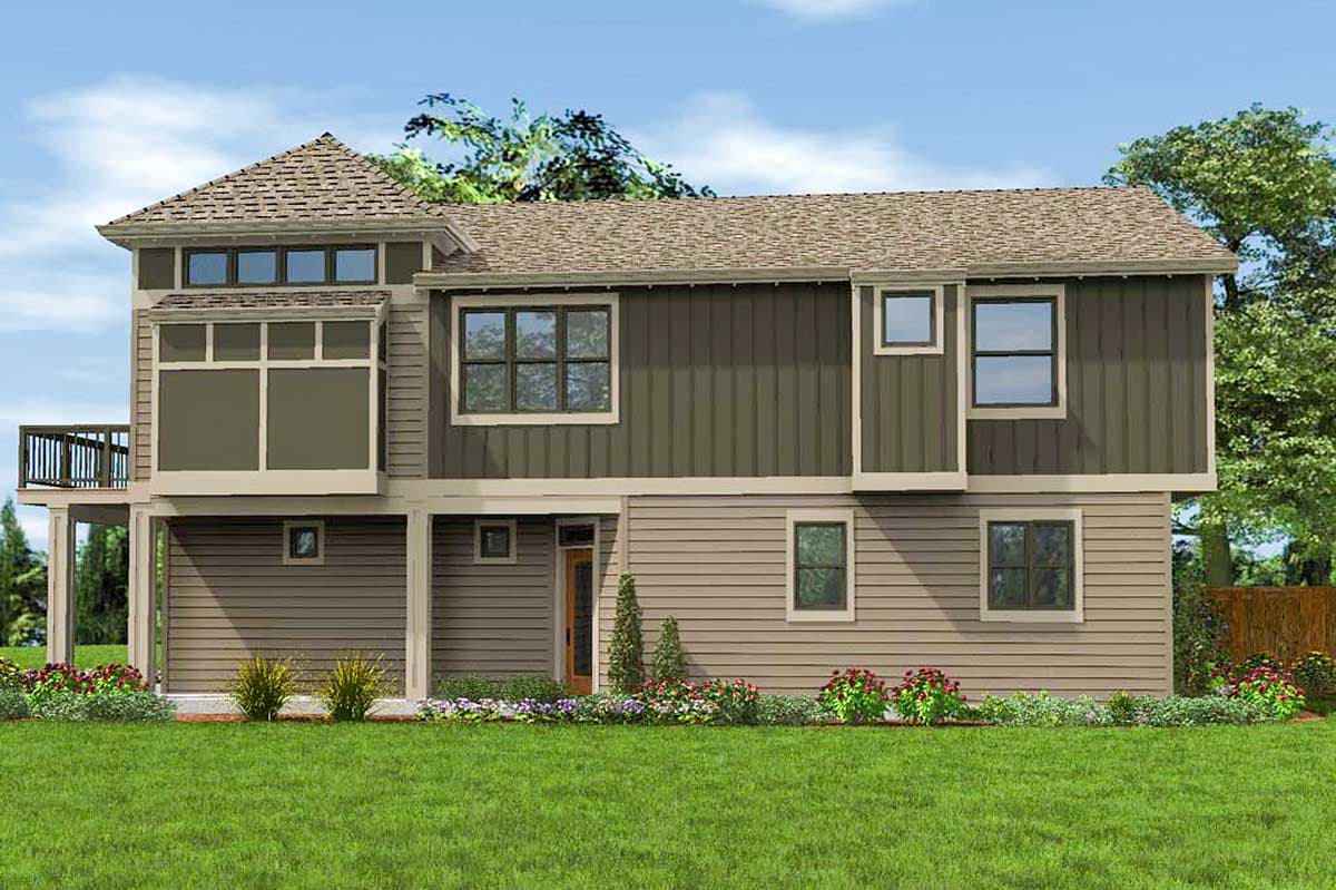 House plan exterior: Two-story Modern house with a prominent angled dormer, second-story balcony, and varied siding.