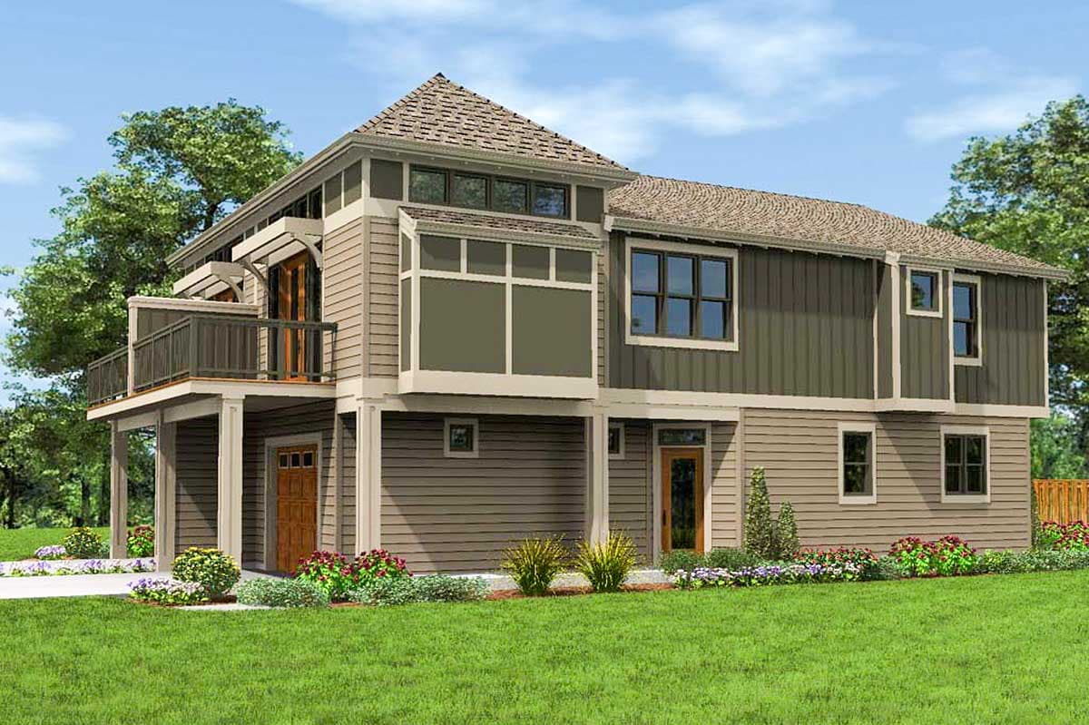 House plan exterior: Modern style, two stories, prominent second-story balcony, angled gable roof, and varied siding.