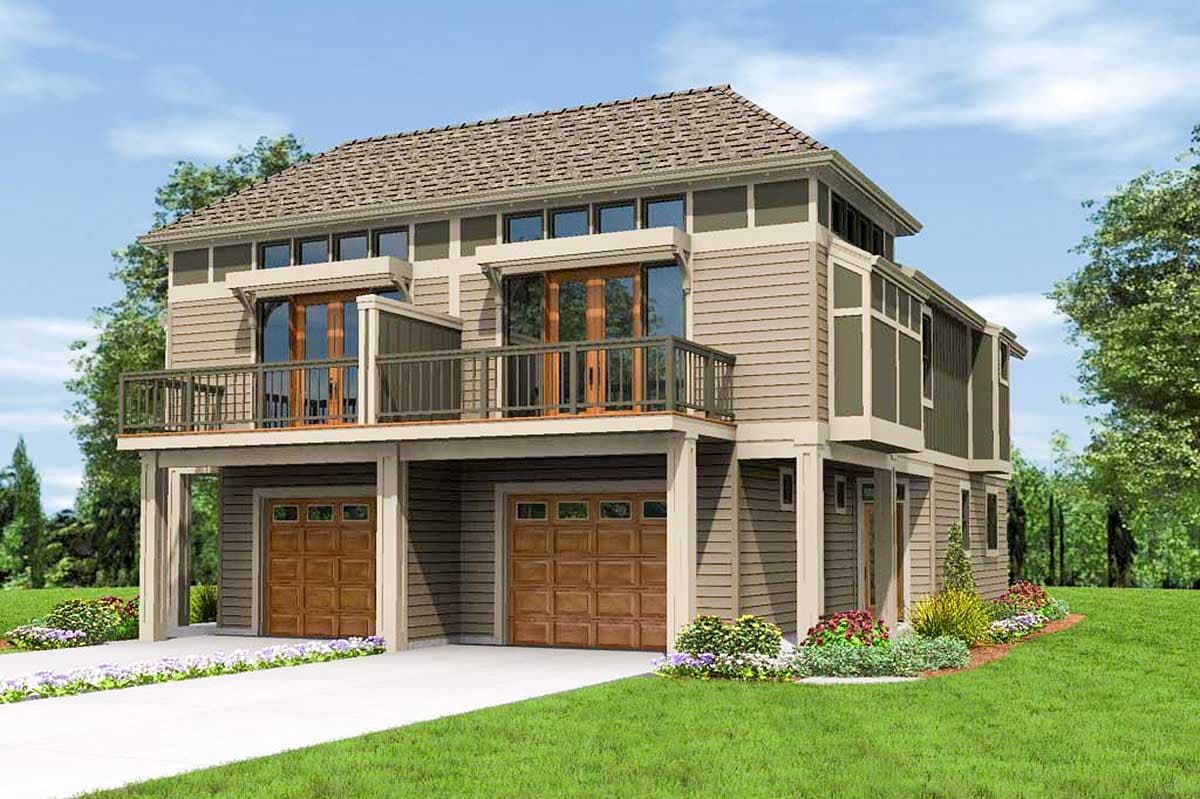 House plan exterior with two-car garage below upper-level balcony, sided exterior, and multiple gables.