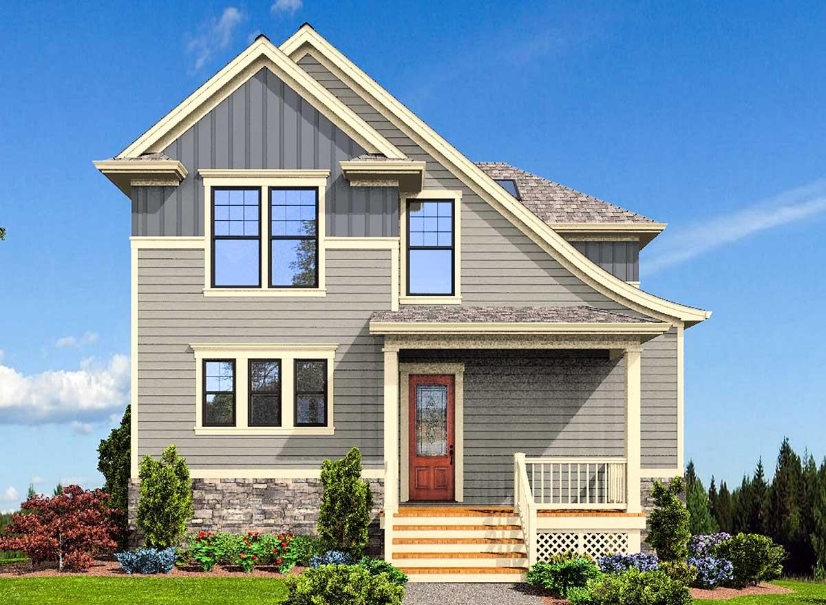 House plan exterior: Two-story home with a front-facing gable, mixed siding, stone base, and covered front porch.