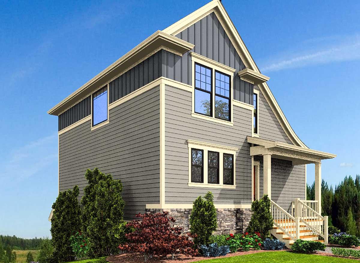 House plan exterior shows a two-story home with a prominent gable, siding, stone foundation, and a covered front porch.