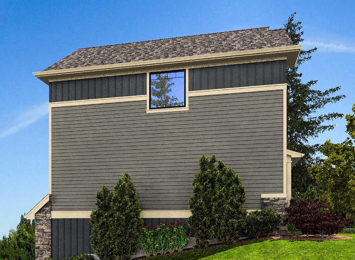 House plan exterior with horizontal siding, stone accents, and a gabled roof.