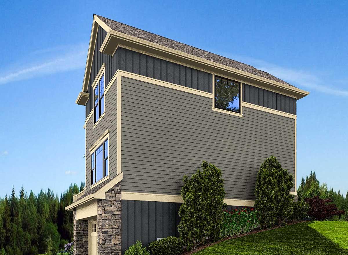 House plan exterior: a two-story home with stone foundation, horizontal siding, and prominent gables.
