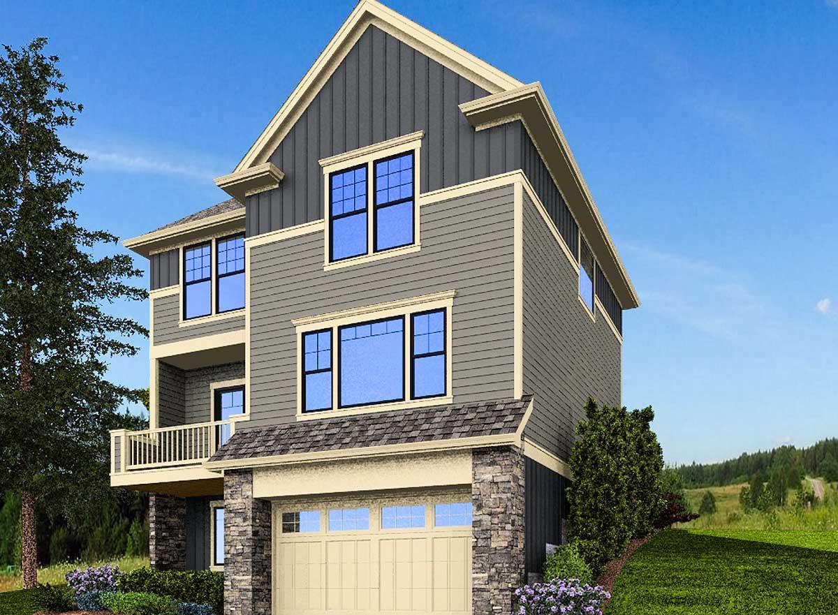 House plan exterior of a three-story modern home with a gabled roof, horizontal siding, stone accents, and a two-car garage.