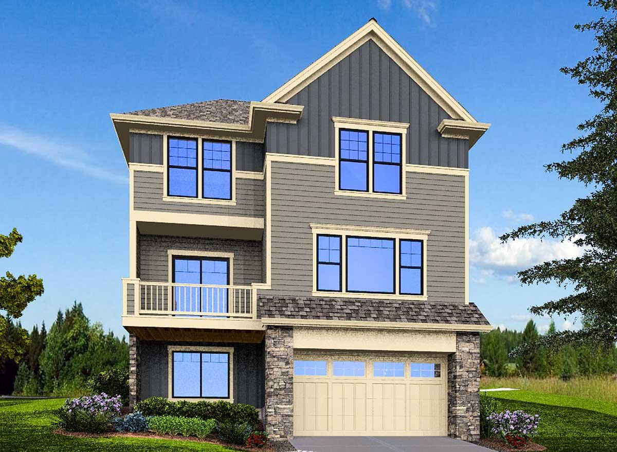 House plan exterior, three stories, with a front-facing garage, balcony, and multiple gables.