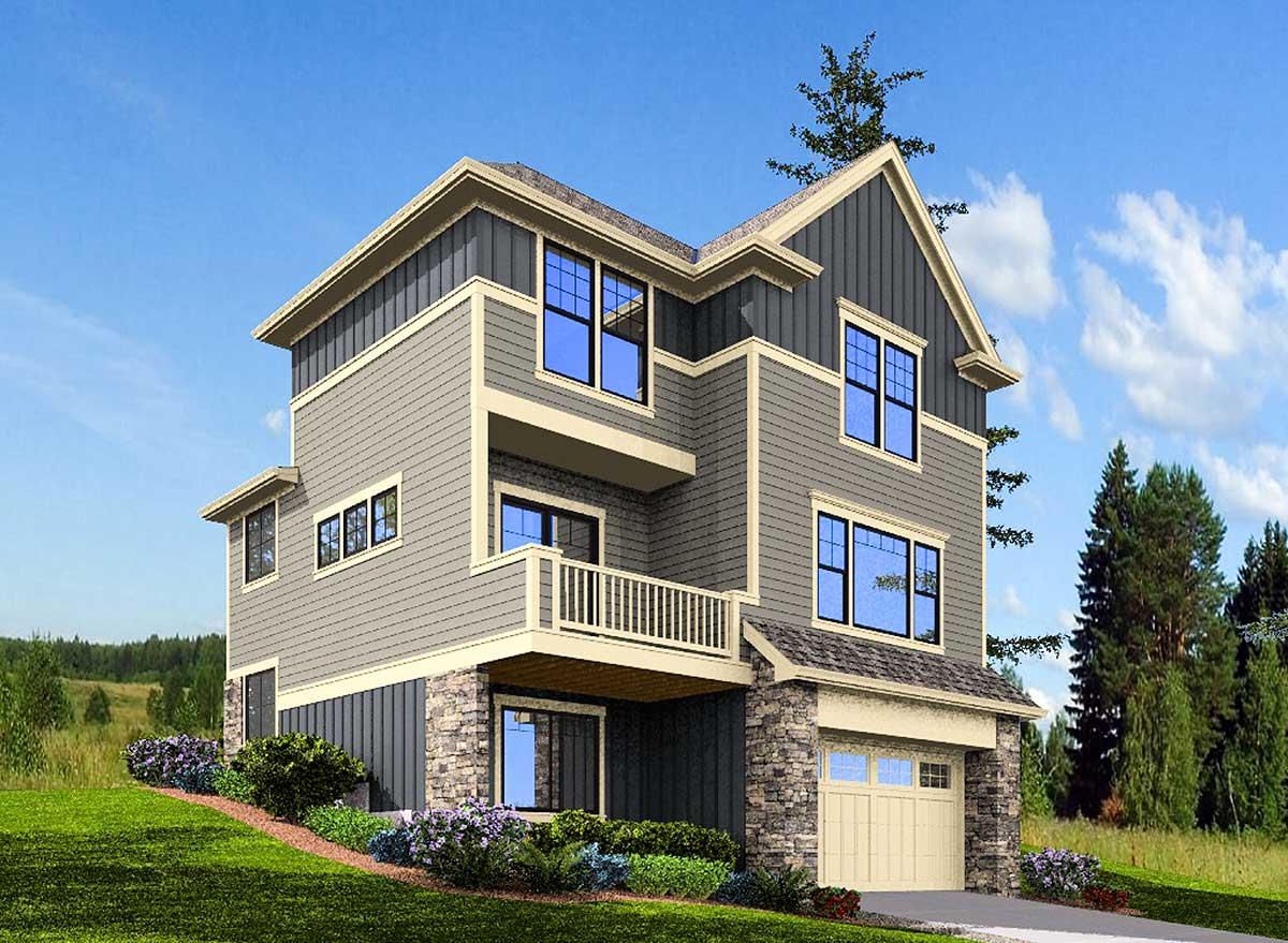 House plan exterior, three stories, mixed siding, prominent gables, balcony, and stone base with garage.