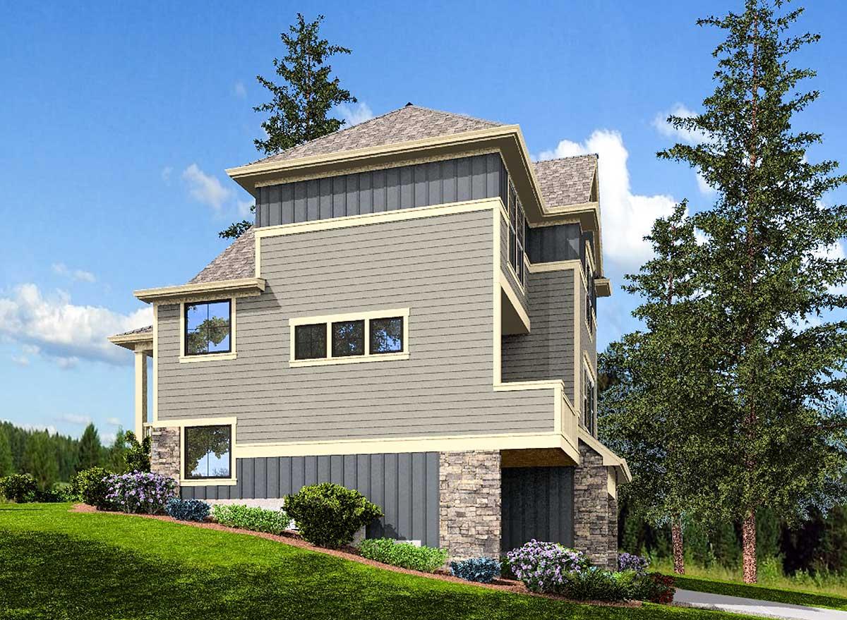 House plan exterior, three stories, lap siding, stone foundation, multiple gables, and balcony.
