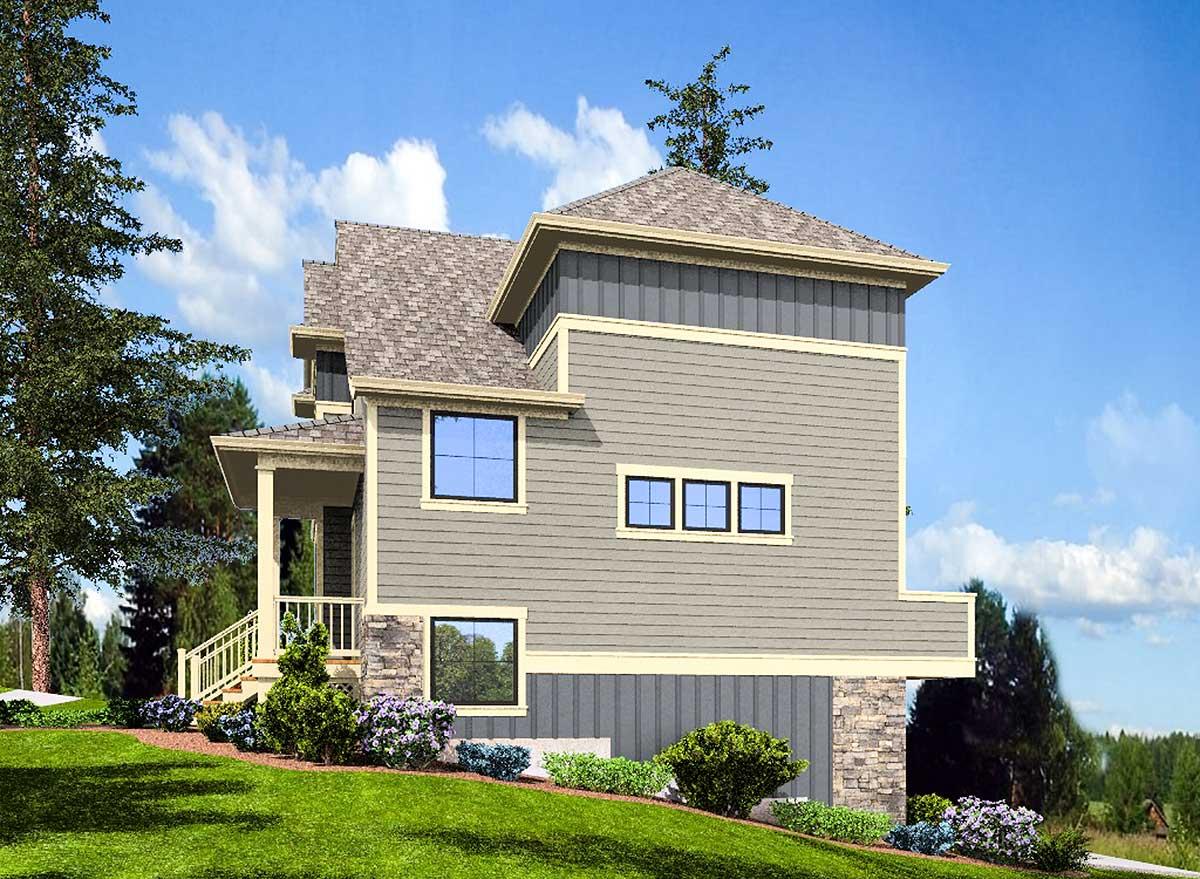 House plan exterior shows a two-story home with a hip roof, covered porch, and stone foundation.