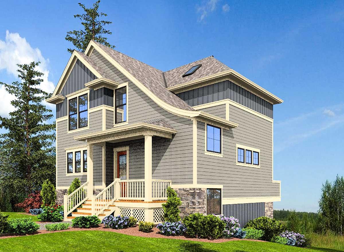 House plan exterior: Two-story modern farmhouse with a covered front porch, gable accents, dormer, and stone foundation.
