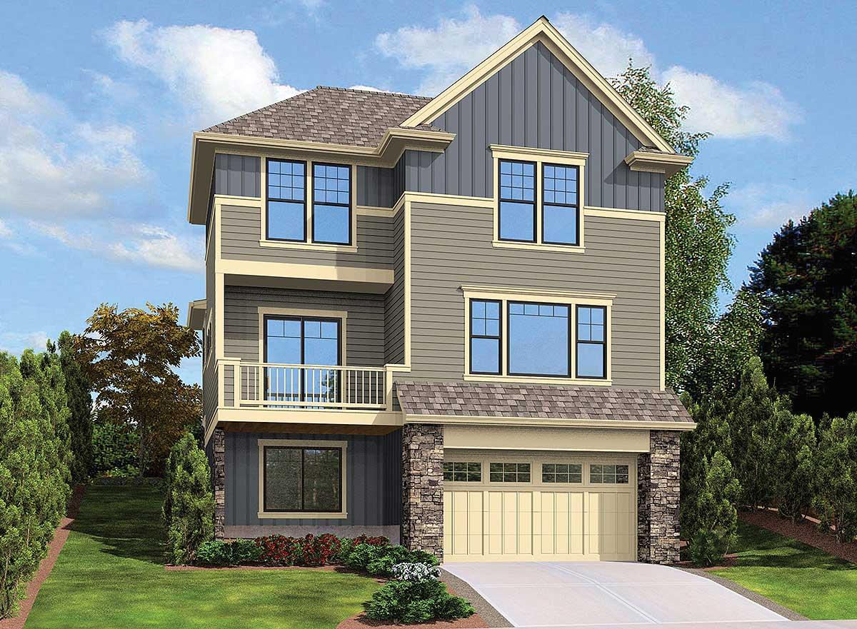 House plan exterior of a three-story home with a two-car garage, balcony, stacked windows, and a prominent gable.