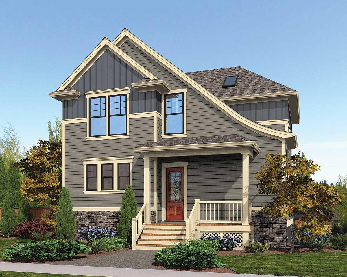 House plan exterior with two stories. Craftsman style with gabled roof, covered front porch, and dormer window.