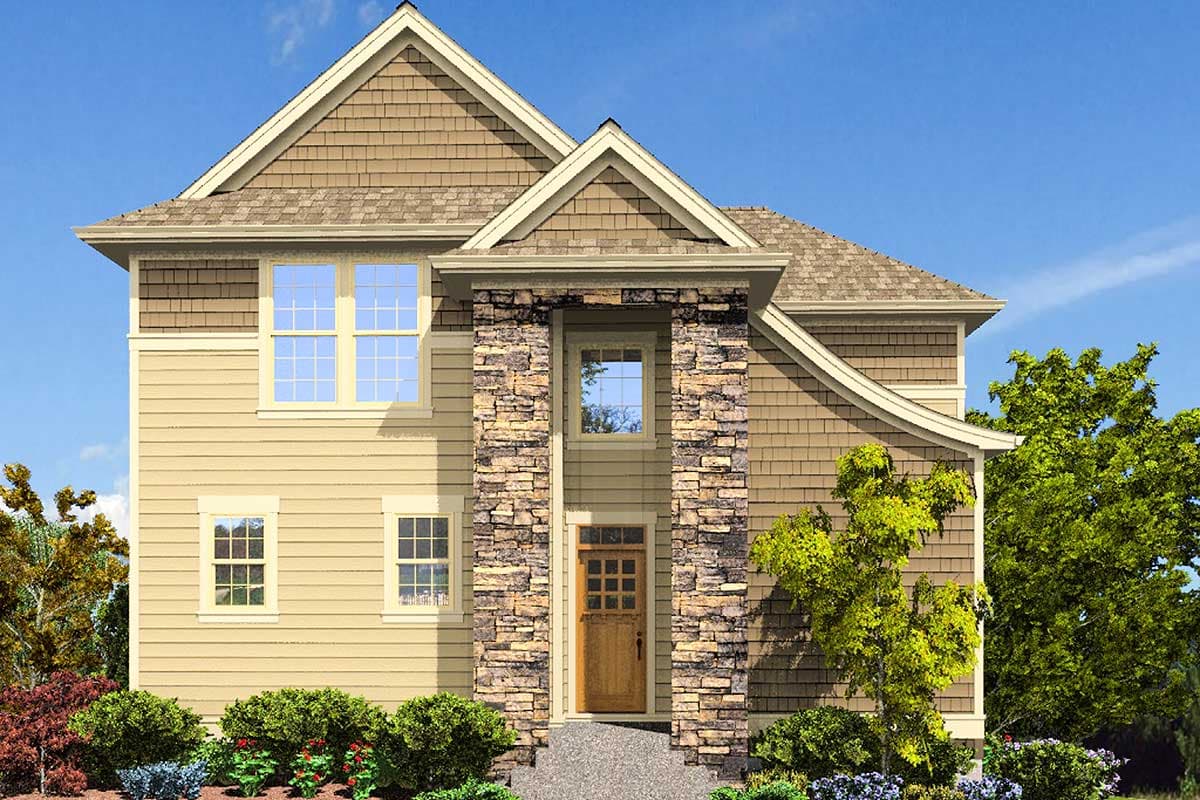 House plan exterior: two-story Modern Farmhouse with stone column entry, gable roof, and shingle siding.