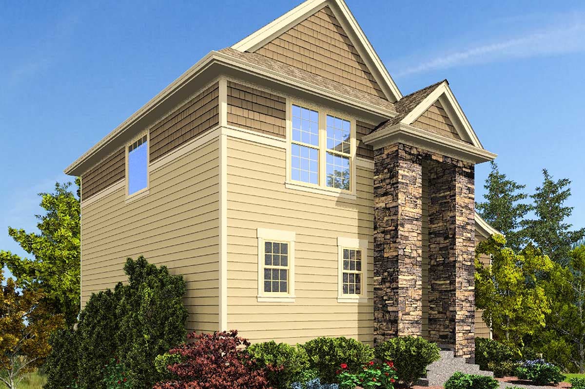 House plan exterior showing a two-story home with stone-clad entry pillars, tan siding, and multiple gables.