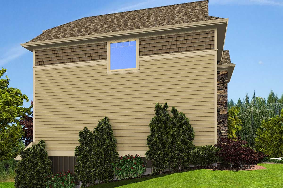 House plan exterior showing horizontal siding, shingle accent, a large window, and stone chimney detail.