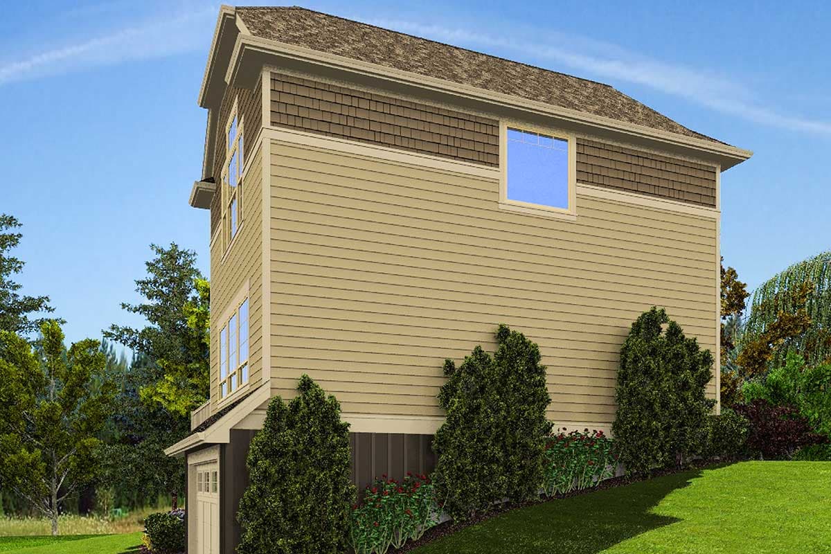 House plan exterior: two-story, tan horizontal siding, cedar shake gables, multiple windows, and integrated garage.