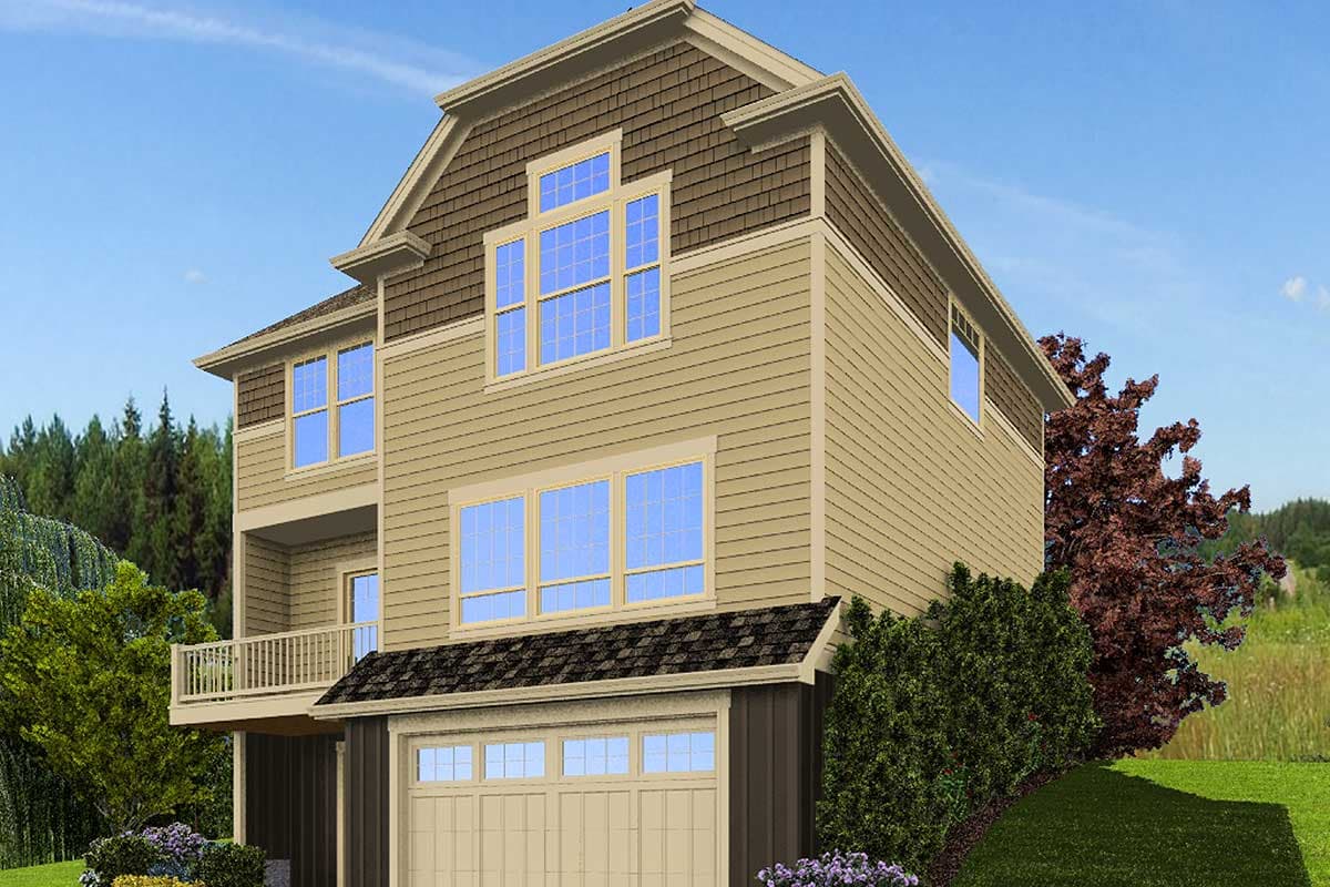 House plan exterior, two stories, with shingle siding, multiple gables, and a two-car garage.