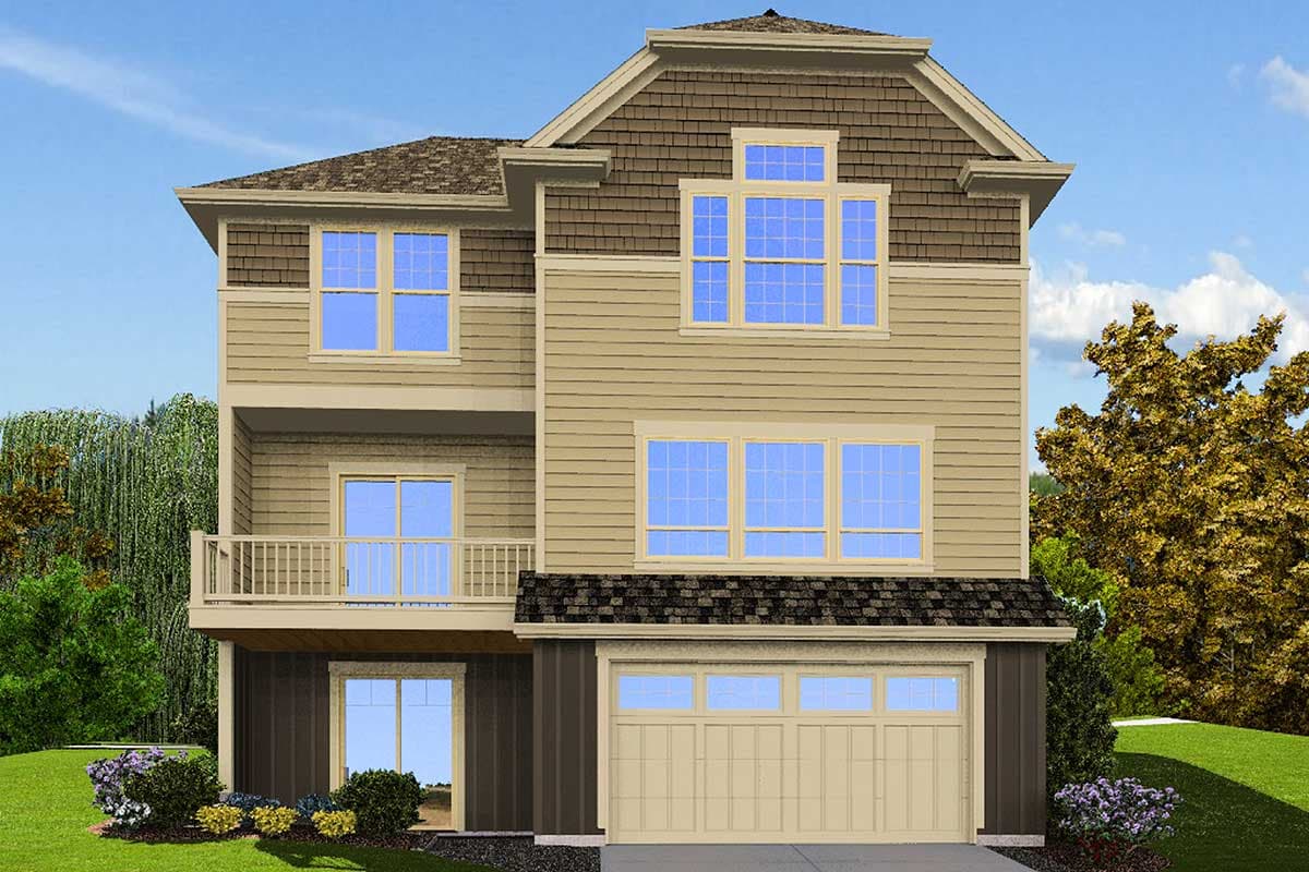 House plan exterior: Three-story home with a hip roof, gabled dormer, balcony, and attached garage.