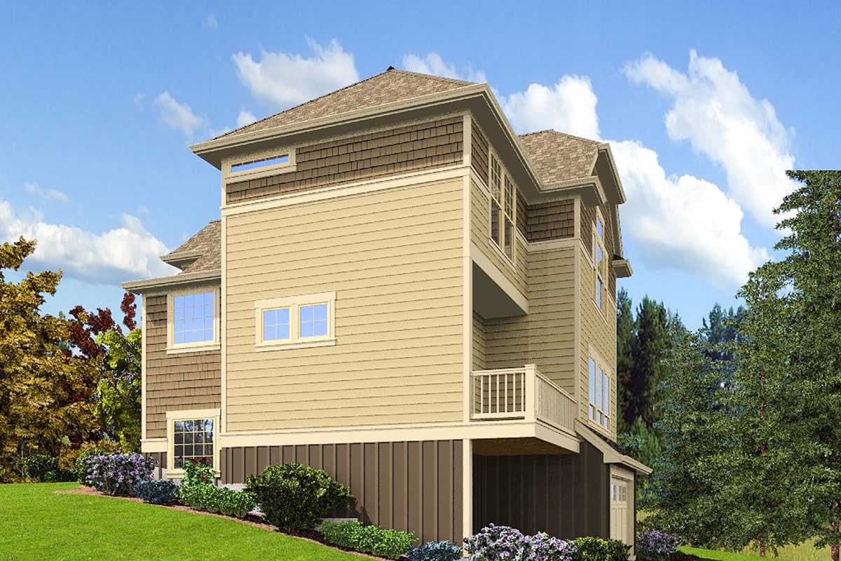 House plan exterior: Two-story dwelling with tan horizontal siding, brown shake accents, a small balcony, and a lower level with a garage door.