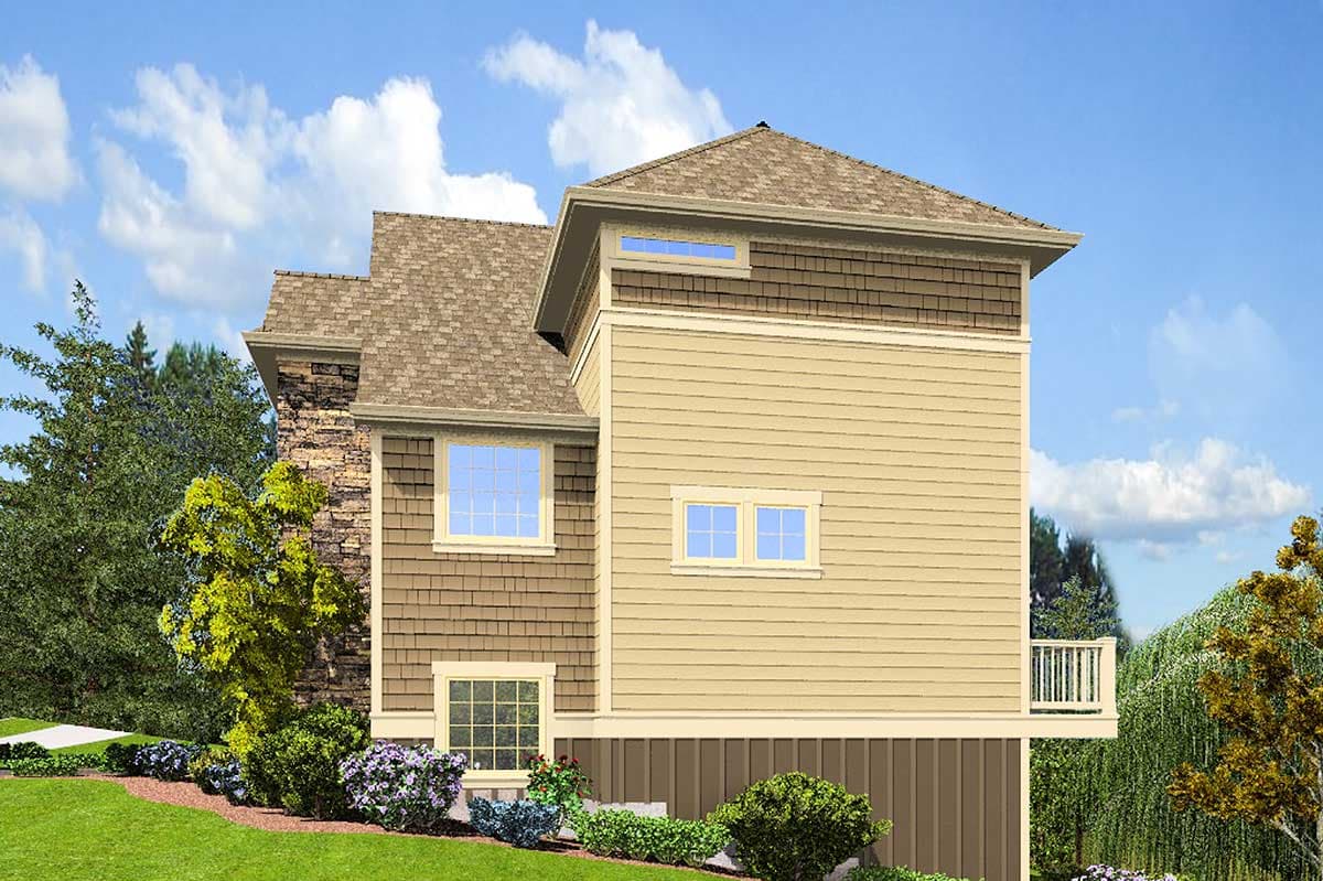 House plan exterior rendering of a two-story home with stone and shingle accents, gabled roof, and upper level clerestory window.