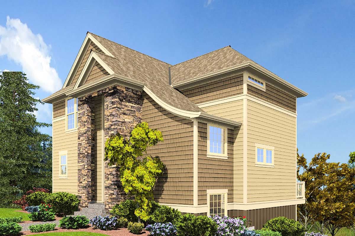 House plan exterior: Two-story home with stone accent chimney, shingle siding, multiple gables, and dormer windows.