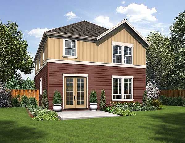 House plan exterior: Two-story home with double French doors, multiple windows, and contrasting horizontal siding.