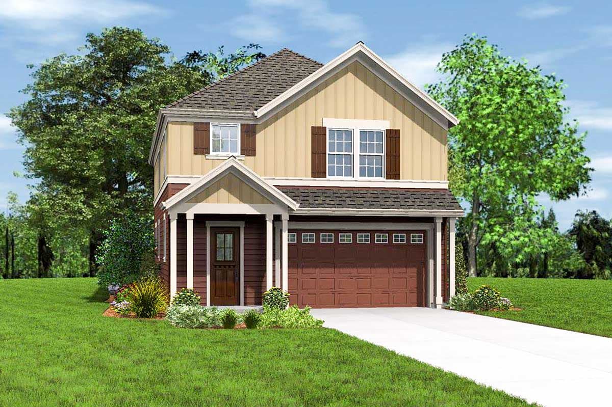 Two-story house plan exterior with gabled dormer, covered entry, and two-car garage.