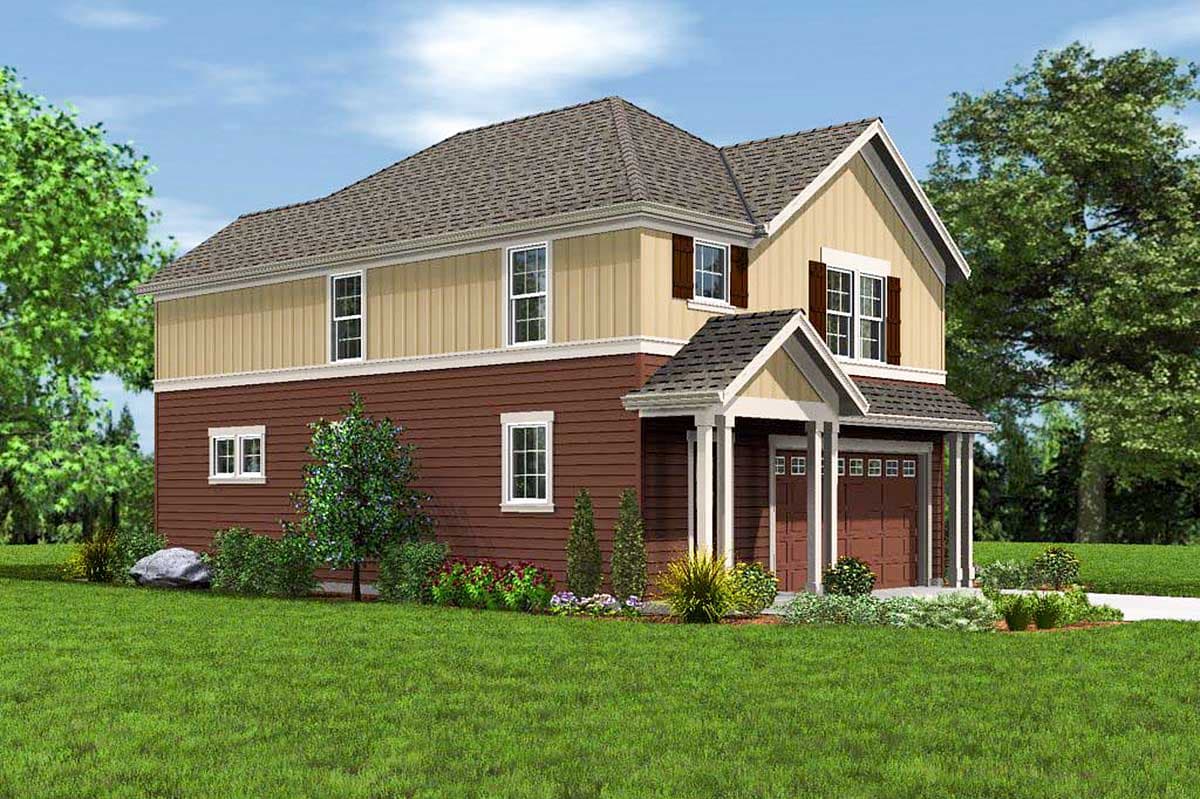 House plan exterior: Two-story home with a gabled front porch, two-car garage, and mixed siding.