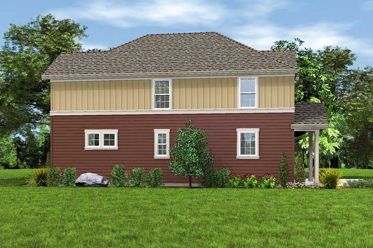 House plan exterior, two stories, with vertical siding on second level and horizontal siding below. Features porch.