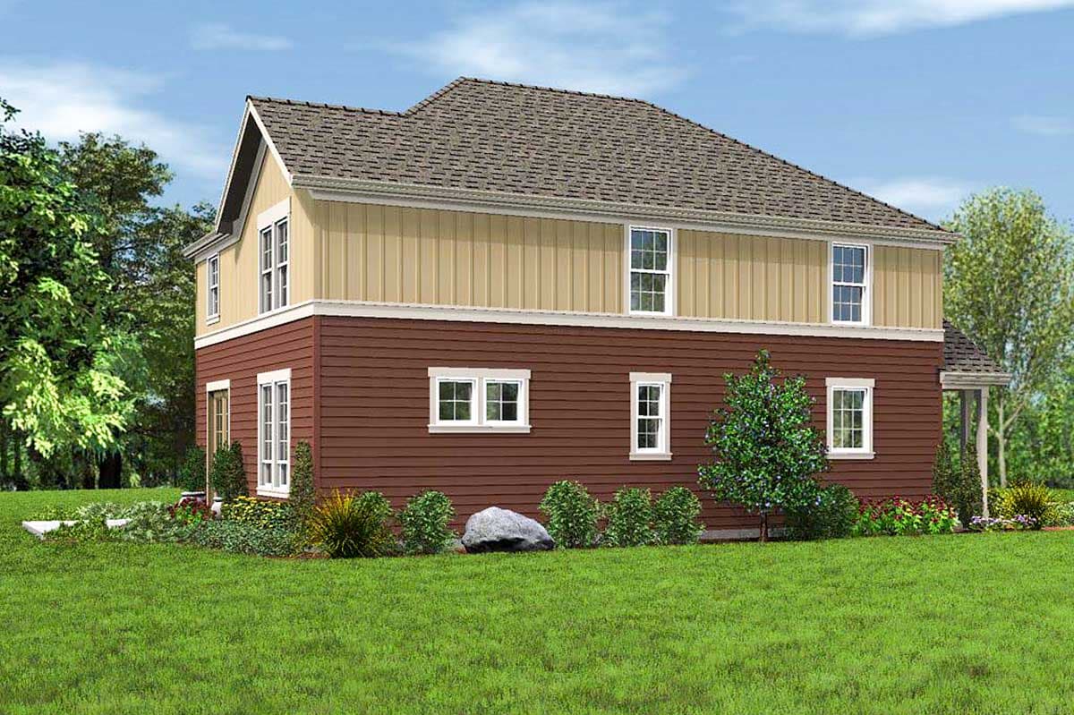 House plan exterior showing a two-story home with a prominent gable, varied siding textures, and multiple windows.