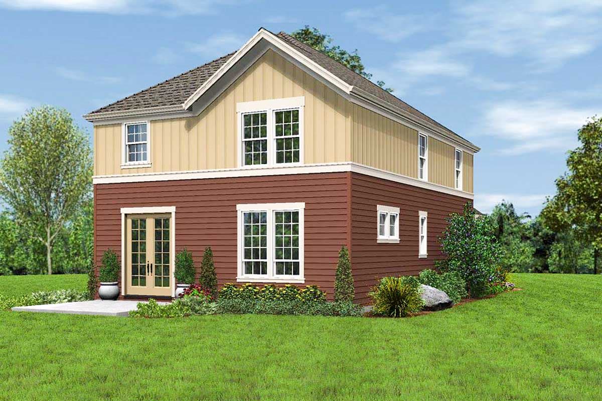 House plan exterior of a two-story home with a gable roof, horizontal siding, and multiple windows.