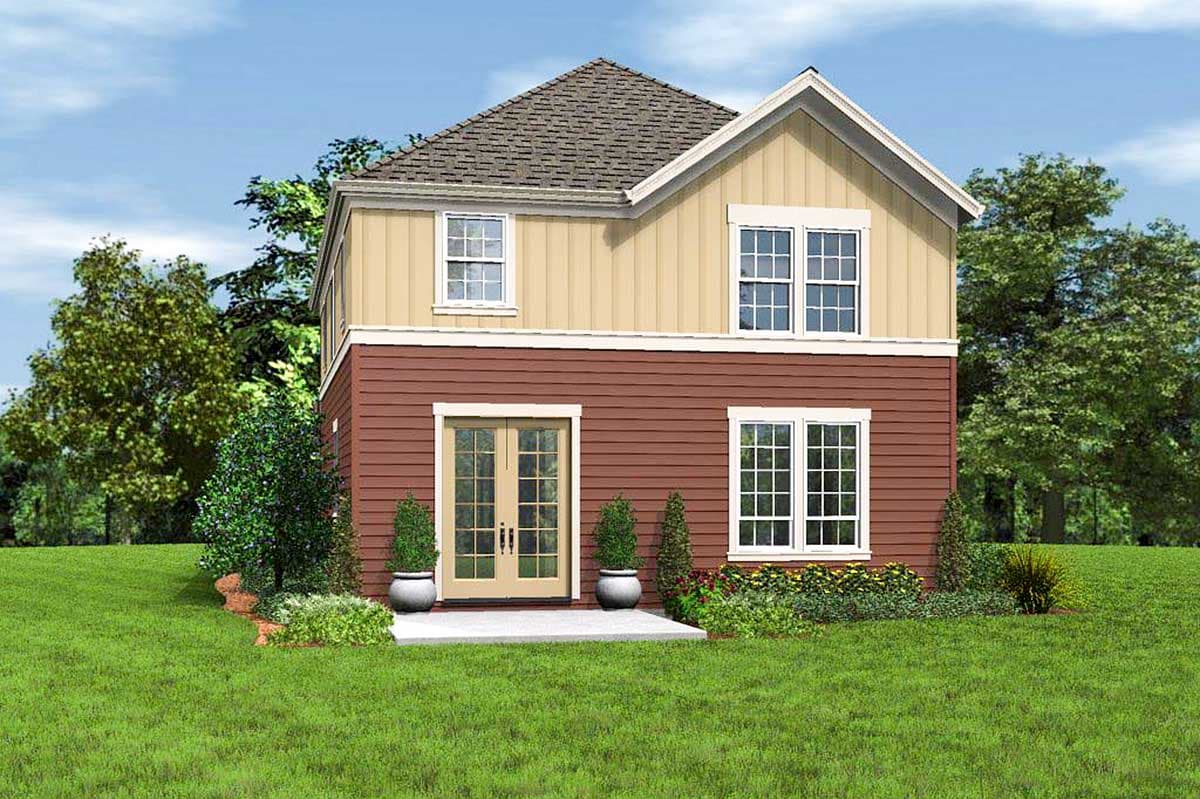 House plan exterior: two-story home with a gable roof, double doors, and multiple pane windows.