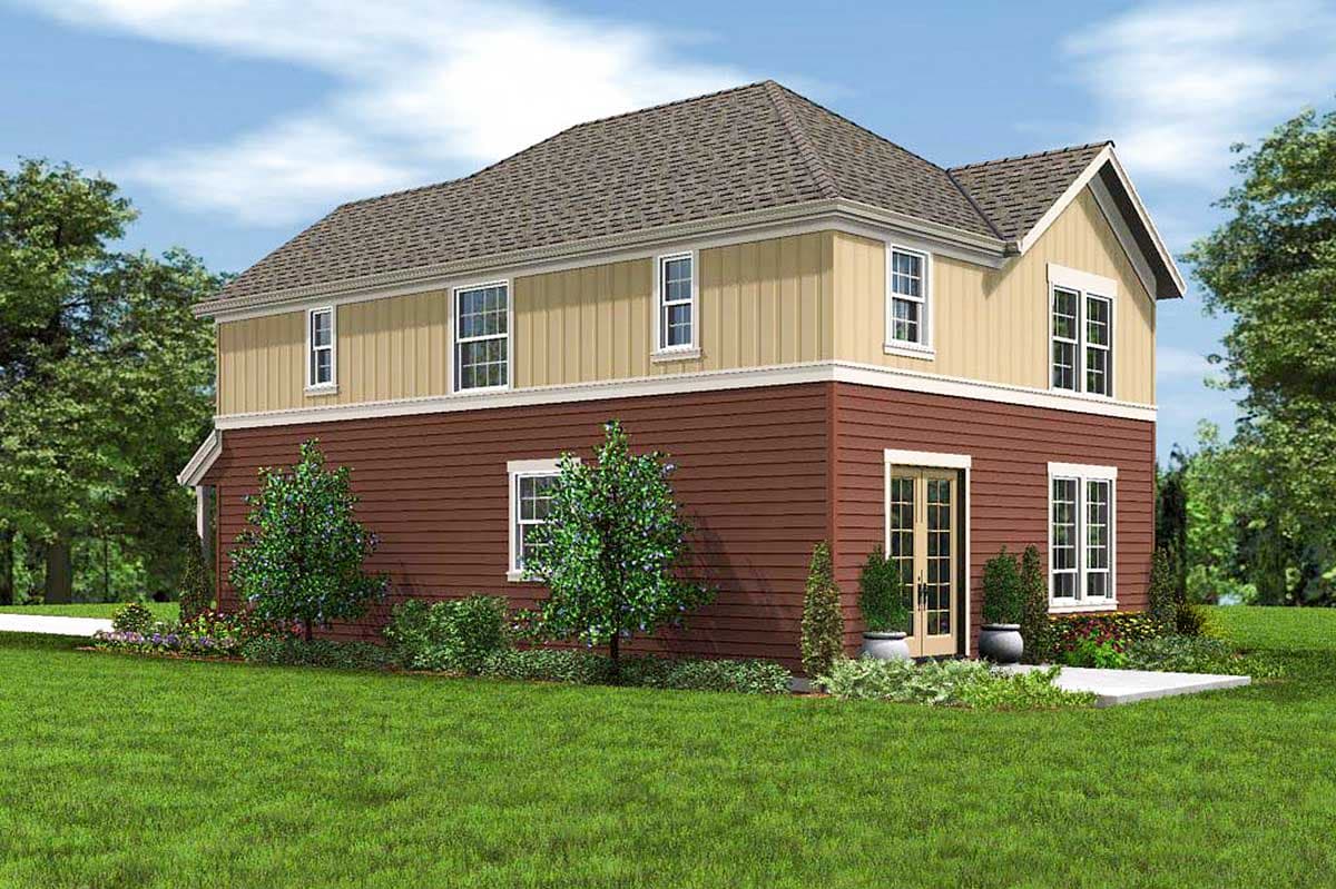 House plan exterior: Two-story with hip roof, tan upper siding, brown lower siding, double front doors, and multiple windows.