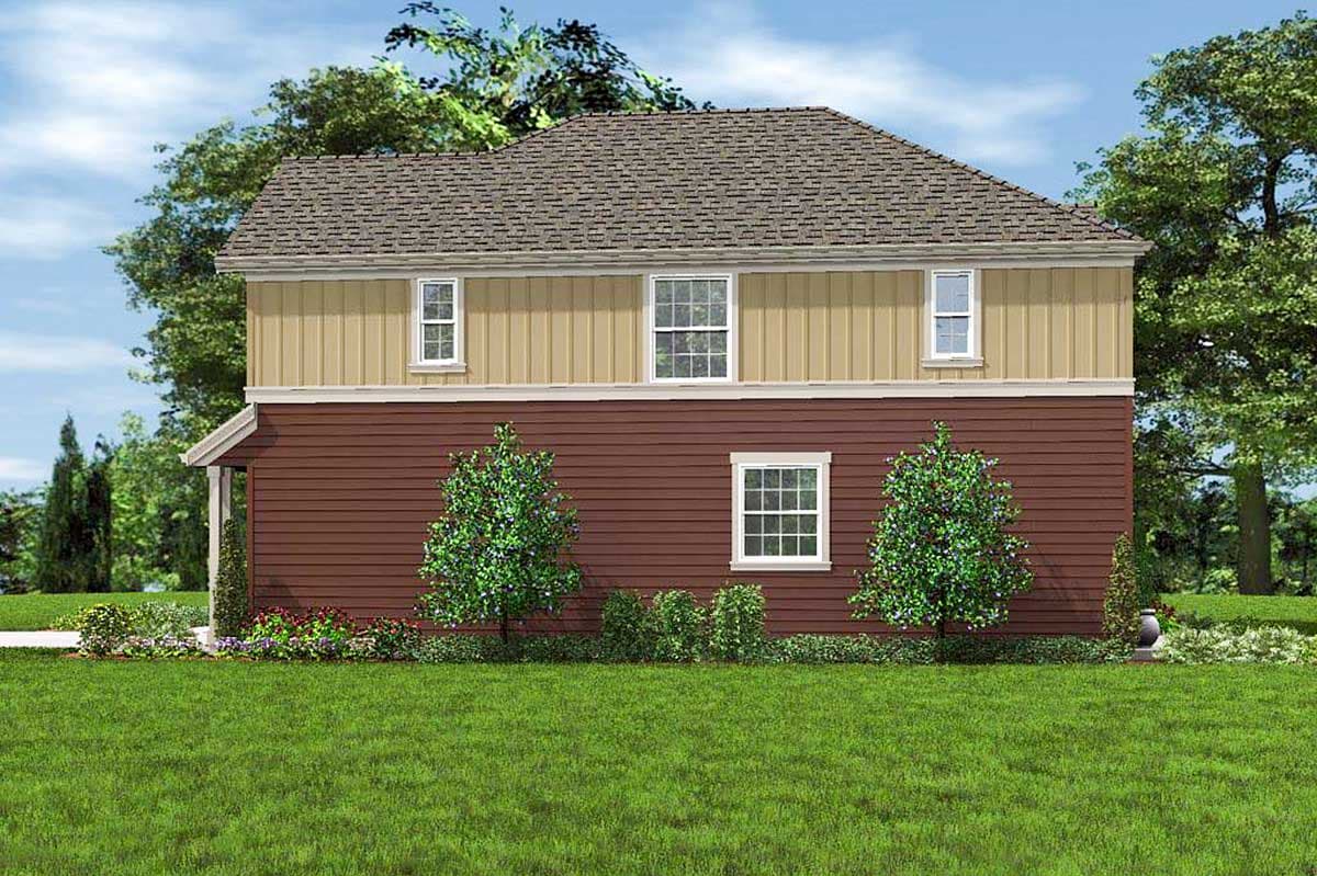 Two-story house plan exterior with tan vertical siding above dark red horizontal siding and a gable roof.