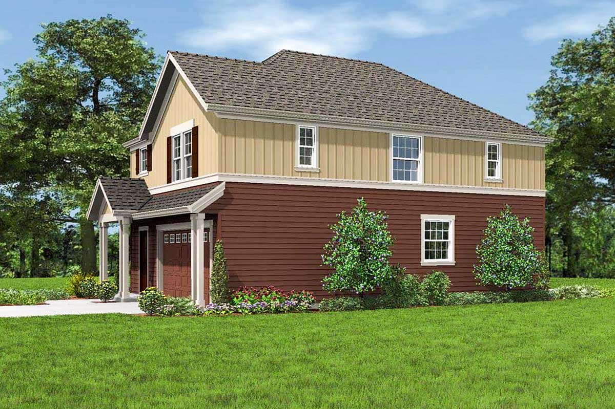 House plan exterior: Two-story Modern Farmhouse with side-entry garage, gabled dormers, and mixed siding.