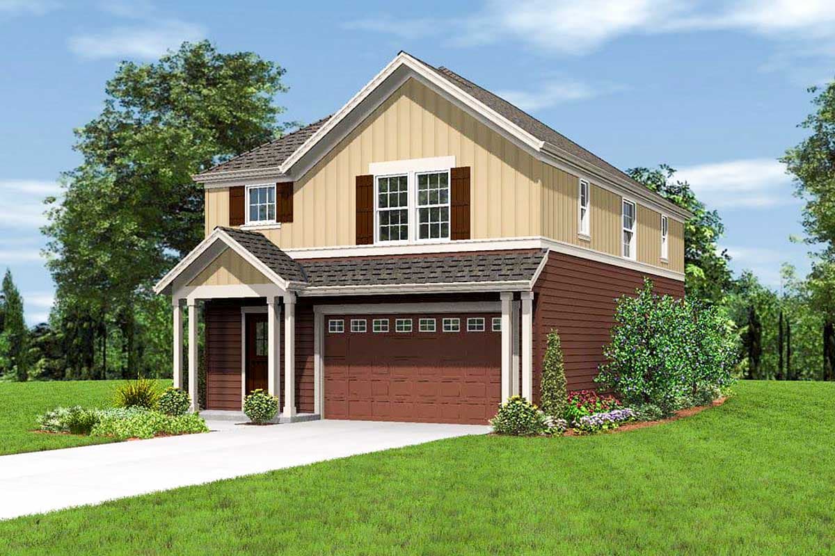 House plan exterior: Two-story home with a covered entry porch, front-facing garage, and contrasting siding.