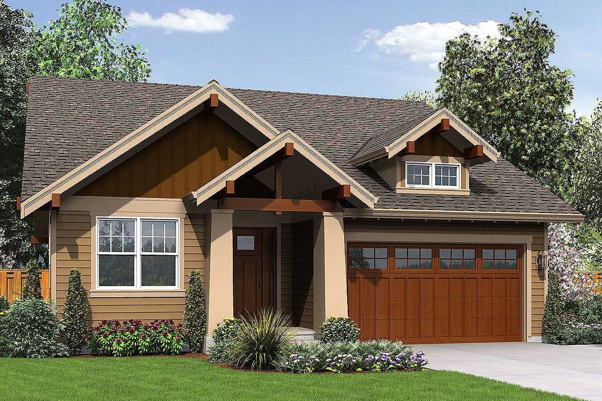 Craftsman style house plan exterior with exposed rafter tails, a covered entry with columns, a dormer, and a two-car garage.
