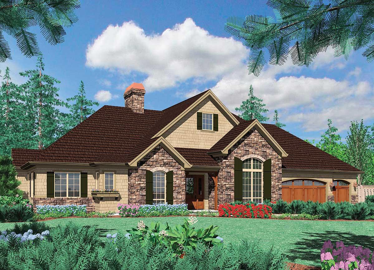 House plan exterior showing a one-story home with stone and shingle siding, arched windows, and a three-car garage.