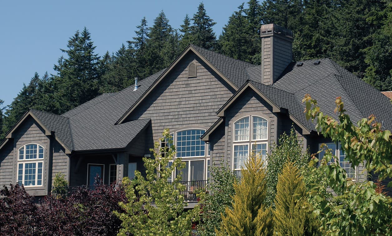 House plan exterior with prominent gables, arched windows, and shake siding.