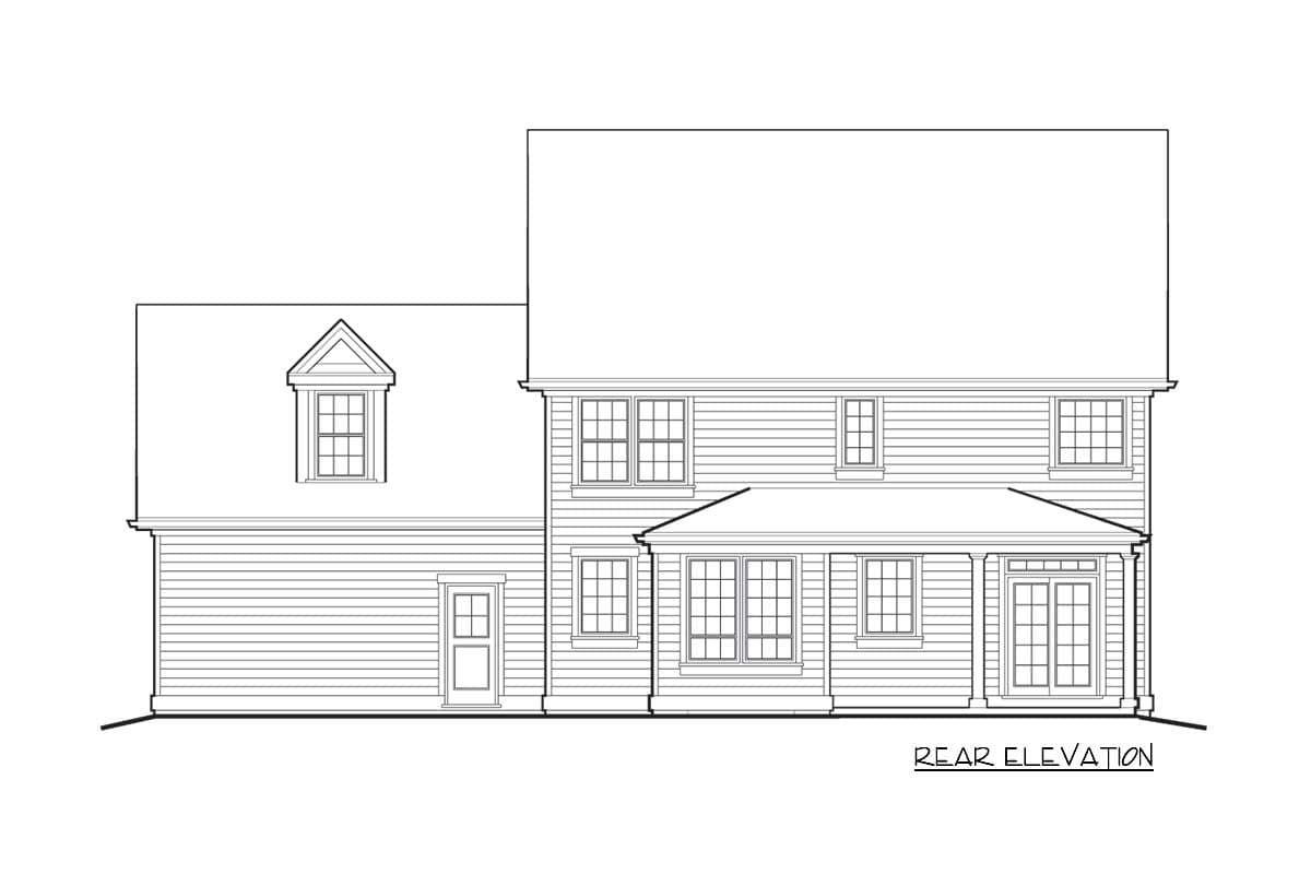 Rear elevation drawing of a two-story house plan featuring a dormer, covered porch, and multiple windows.