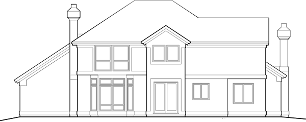 House plan elevation drawing: rear view showing two stories, symmetrical gabled dormer, multiple windows, and twin chimneys.