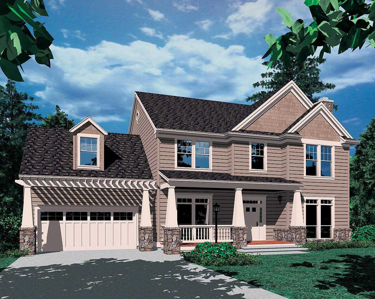 House plan exterior: Two-story home with a covered front porch, gabled dormer, and attached garage with pergola.