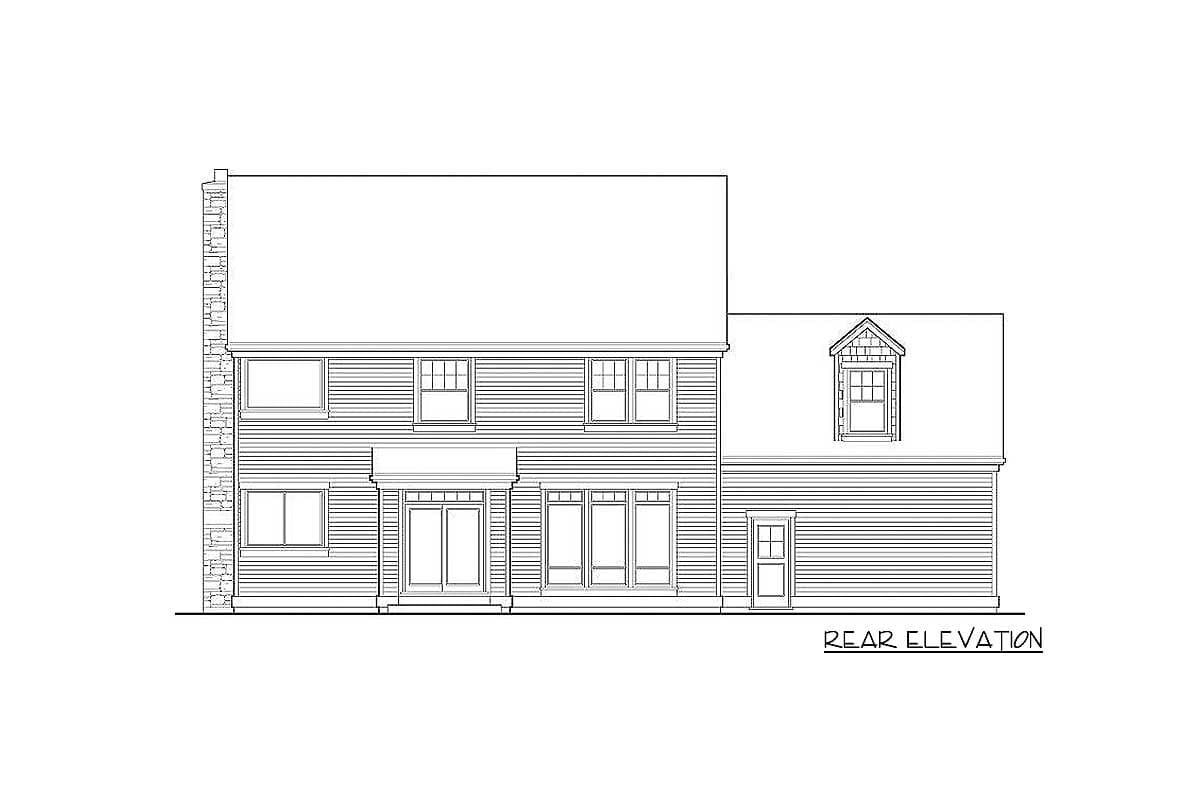 Rear elevation of a two-story house plan featuring a prominent stone chimney, central double doors, and a dormer with a gable roof.