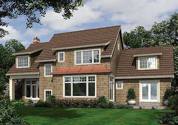 House plan exterior: Two-story home with shingle siding, dormers, and a copper bay window roof.