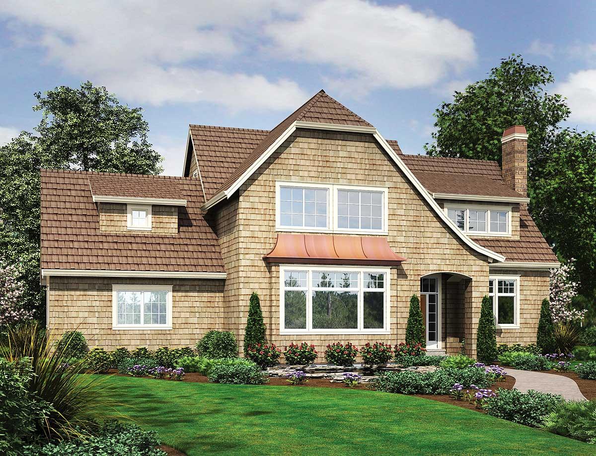 House plan exterior featuring cedar shingle siding, multiple gables, a dormer, and a copper awning over a bay window.