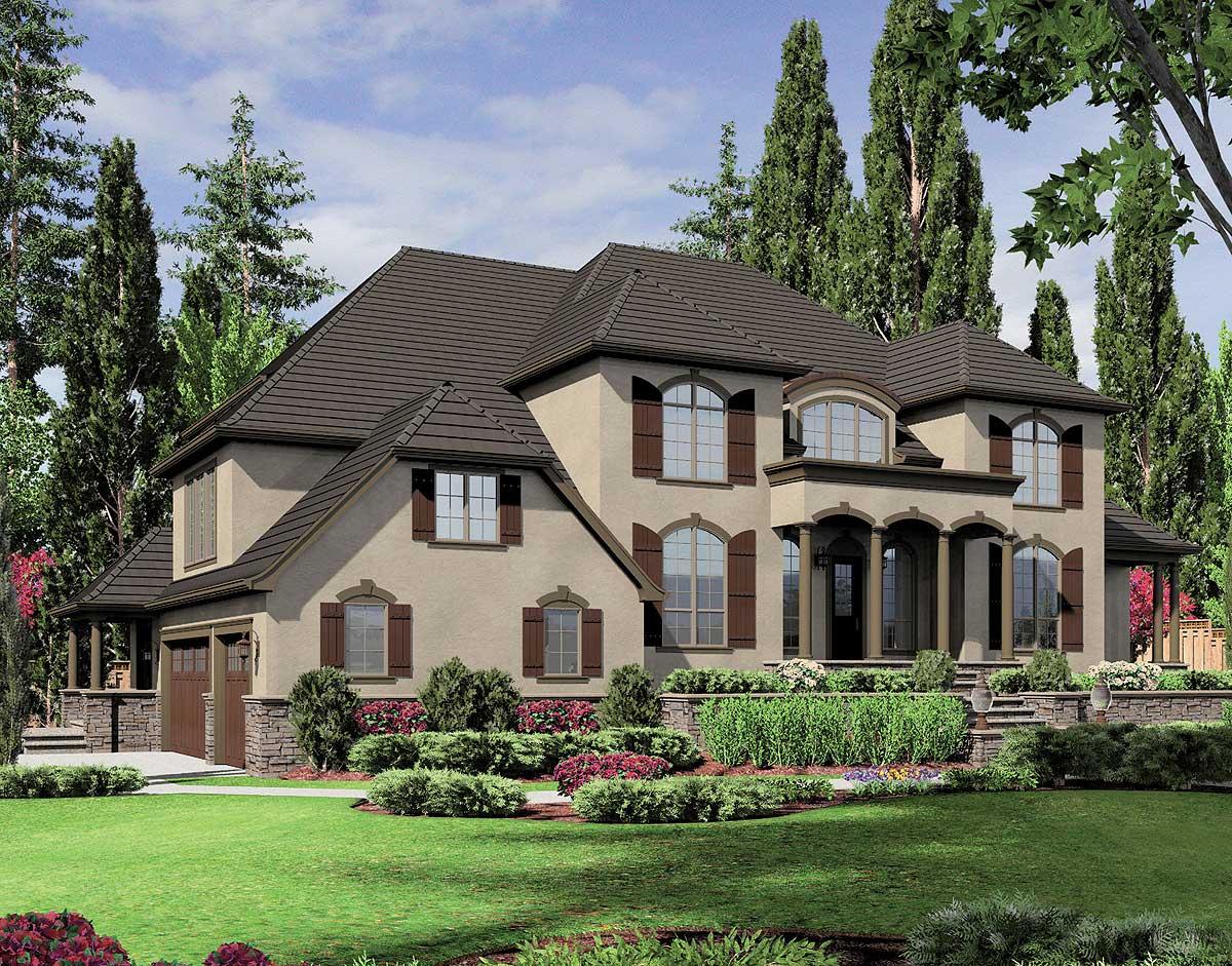 House plan exterior of a two-story home with arched windows, a covered portico with columns, and a side-entry garage.
